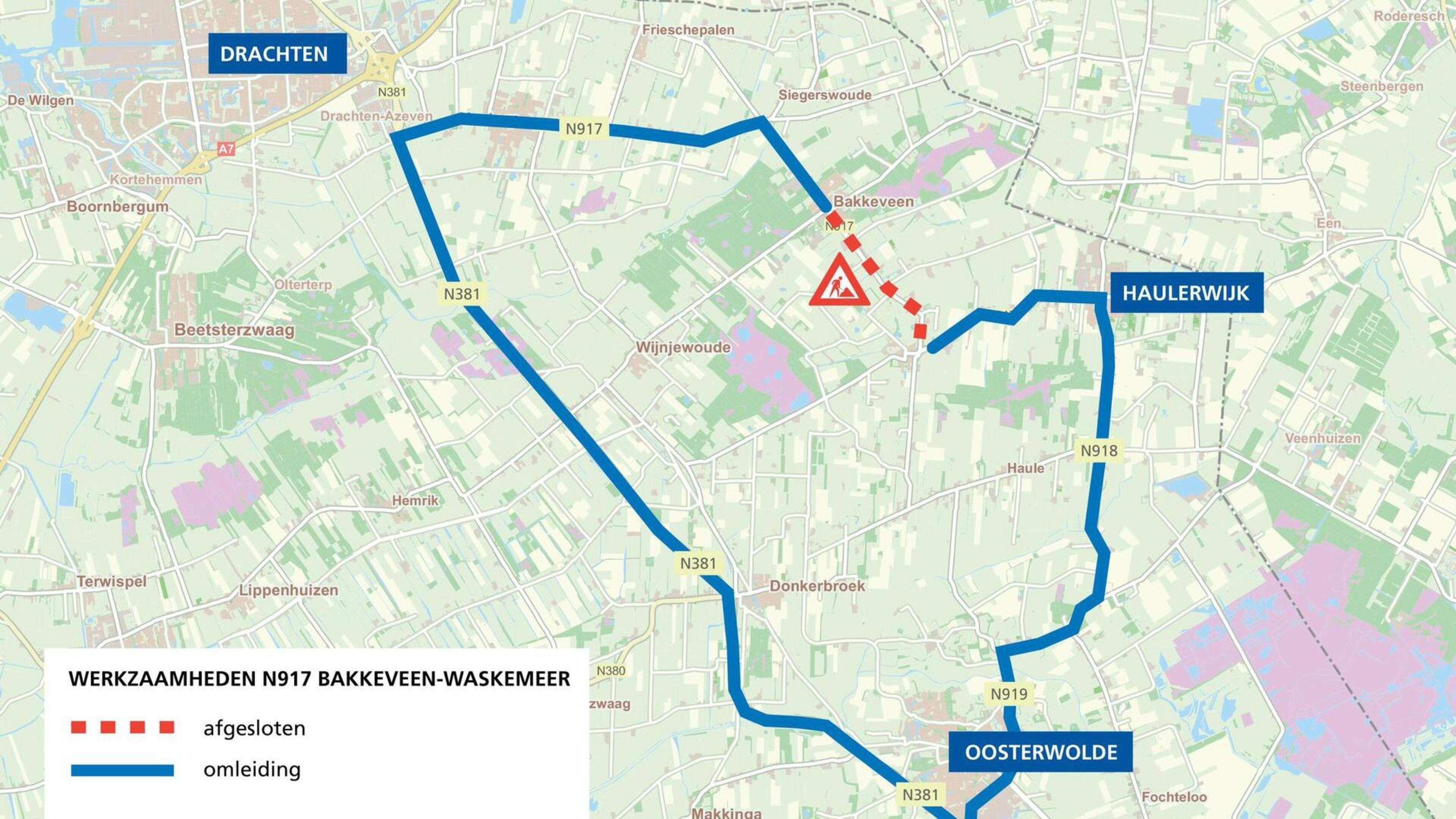 Onderhoud aan N917 tussen Bakkeveen en Waskemeer duurt een maand